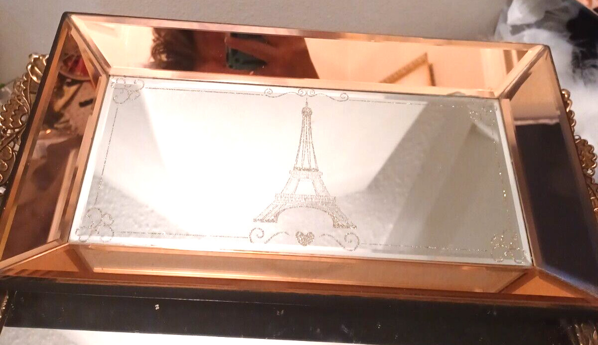 Vanity Mirror Perfume TRAY Eiffel Tower PARIS French Etched Glitter Beveled Edge Vanity Mirror Perfume TRAY Eiffel Tower PARIS French Etched Glitter Beveled Edge
