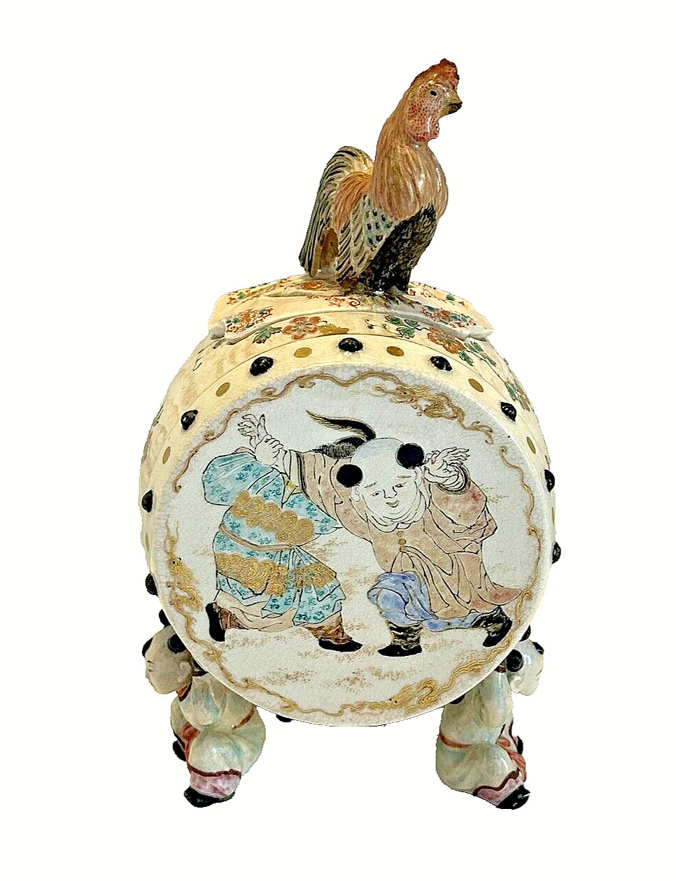 Antique Japanese Satsuma Rooster Drum Footed Pottery Canister Meiji Period 8"