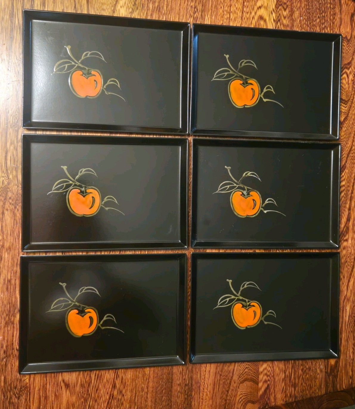 Lot of 6  Otagiri Lacquerware Black Handpainted Tray-OMC-Japan Apples 5 x 7.5"