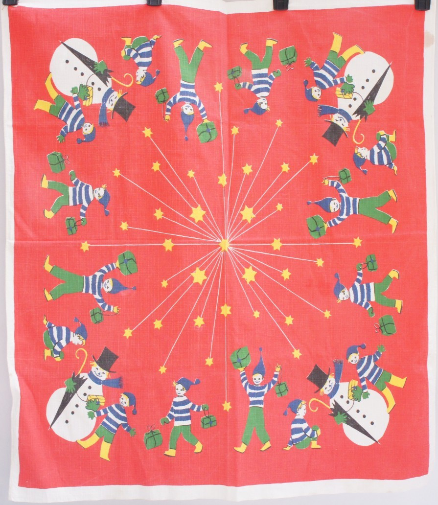 Vintage 50s Rare Swedish Snowman Print Christmas Tablecloth Mid Century Vintage 50s Rare Swedish Snowman Print Christmas Tablecloth Mid Century