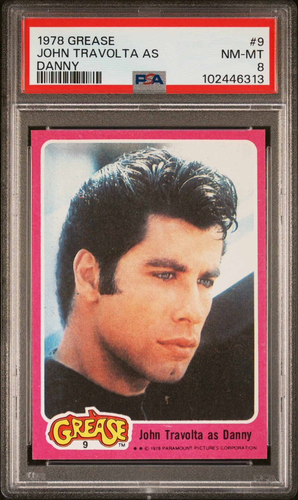 1978 TOPPS GREASE #9 JOHN TRAVOLTA AS DANNY ROOKIE PSA 8 POP 8, 4 HIGHER 1978 TOPPS GREASE #9 JOHN TRAVOLTA AS DANNY ROOKIE PSA 8 POP 8, 4 HIGHER