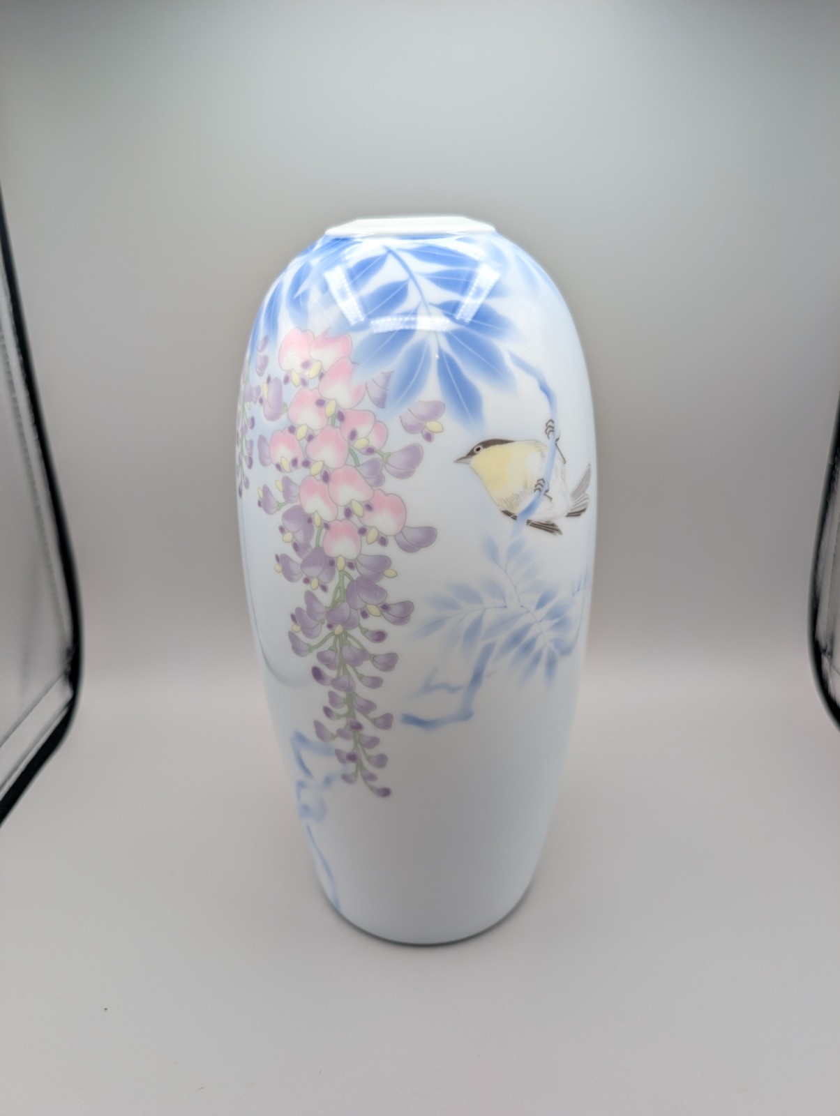 Vintage Japanese Fukagawa Arita Porcelain Vase - Wisteria & Bird - 10"