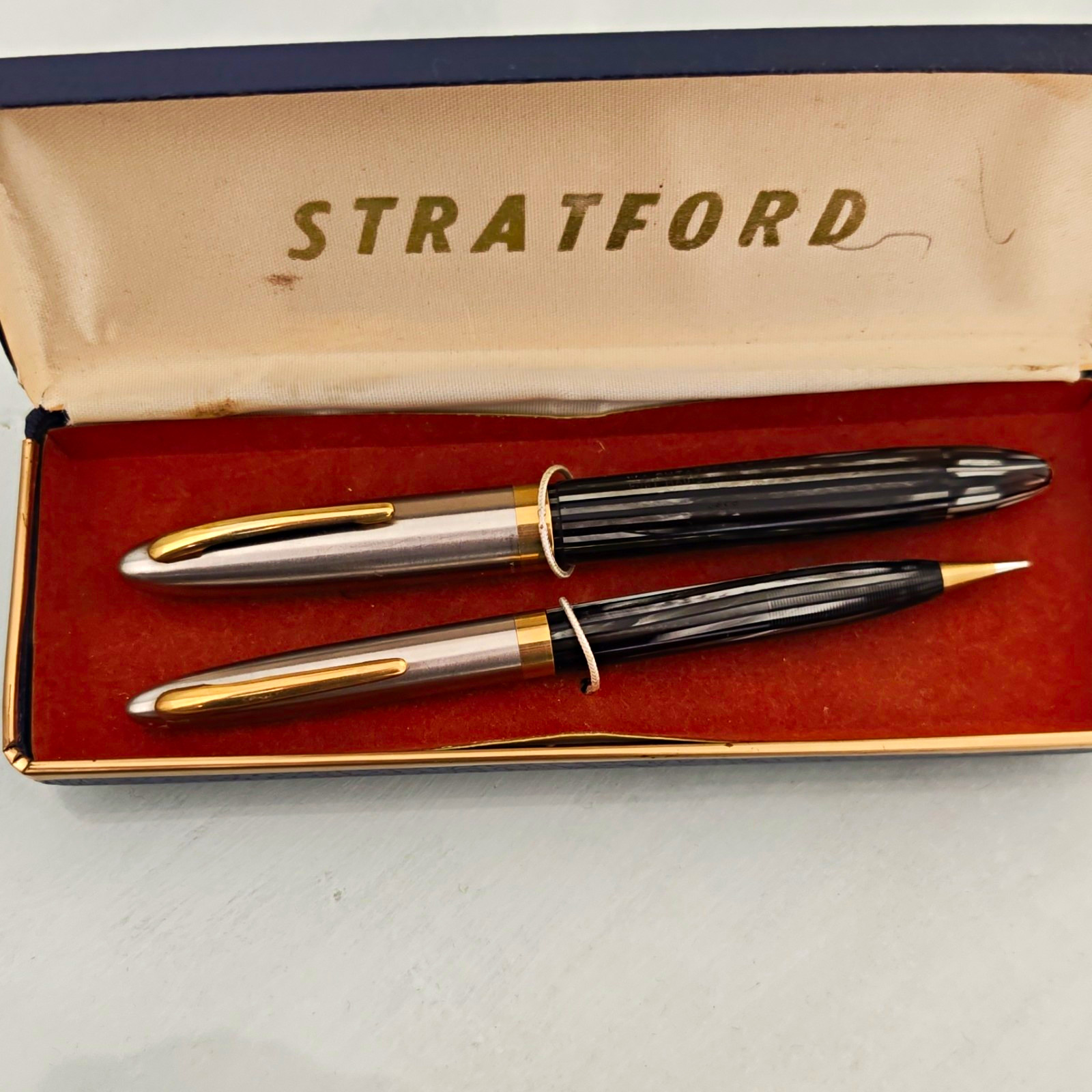 Stratford Pen & Pencil Set in Case/Box, Black Silver Gold Tone