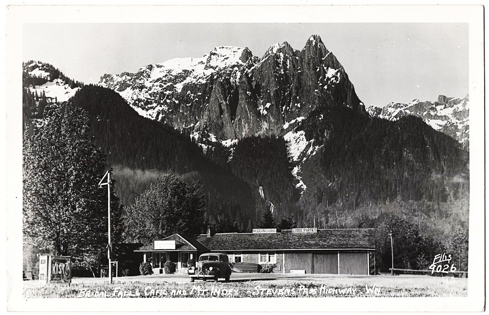 RPPC Bridal Falls Cafe and MT Index Stevens Pass Washington WA m. 1952 postcard RPPC Bridal Falls Cafe and MT Index Stevens Pass Washington WA m. 1952 postcard
