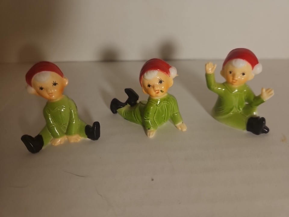 VTG Christmas Elf Figurines Set Of 3 Hand-Painted made in 1950's in Hong Kong VTG Christmas Elf Figurines Set Of 3 Hand-Painted made in 1950's in Hong Kong