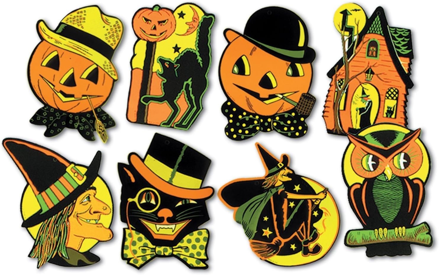 8 Retro Cutout Halloween Decorations Pumpkin Witch Cat Vintage Style by Beistle 8 Retro Cutout Halloween Decorations Pumpkin Witch Cat Vintage Style by Beistle
