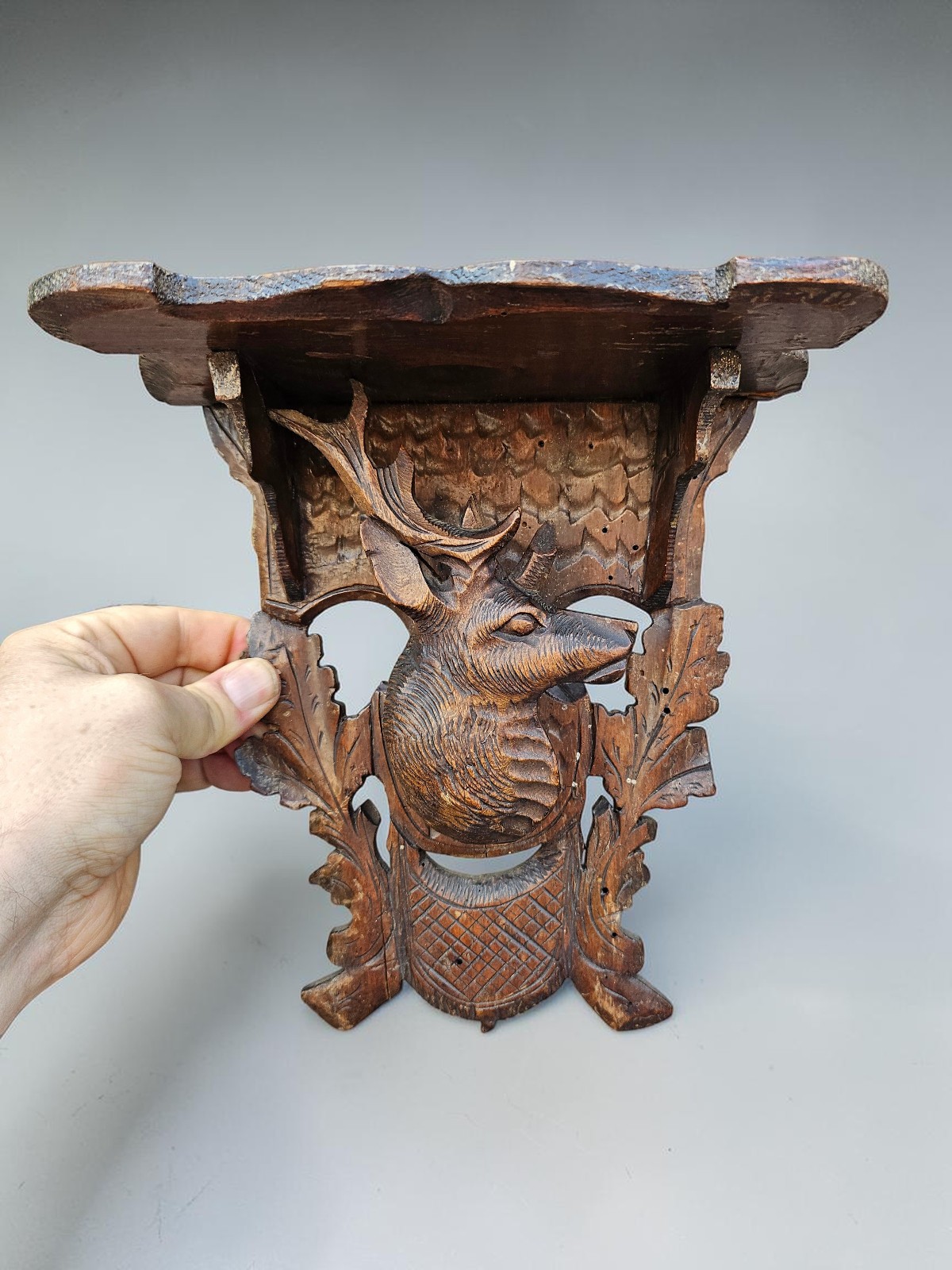 Antique  1920 black forest wood carving stag head antlers wall console bracket