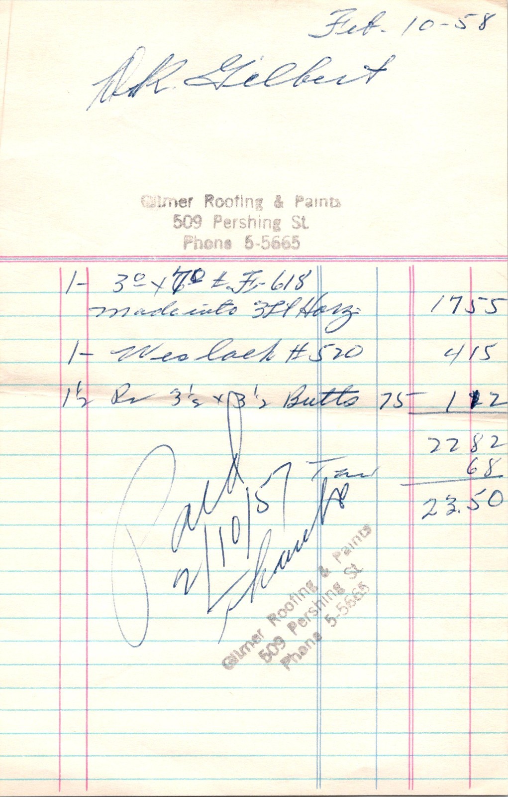 Gilmer Roofing & Paints Feb 10-58 Pershing St Antique Letterhead Billhead 5A25 Gilmer Roofing & Paints Feb 10-58 Pershing St Antique Letterhead Billhead 5A25