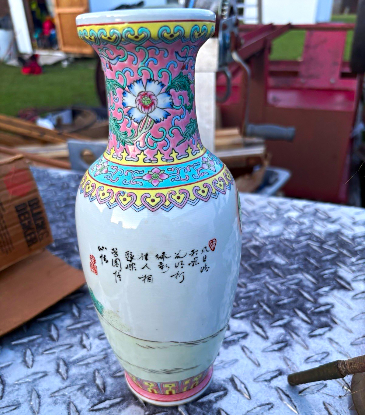 Chinese Famille Rose Porcelain Vase Court Ladies Figures Calligraphy Marked