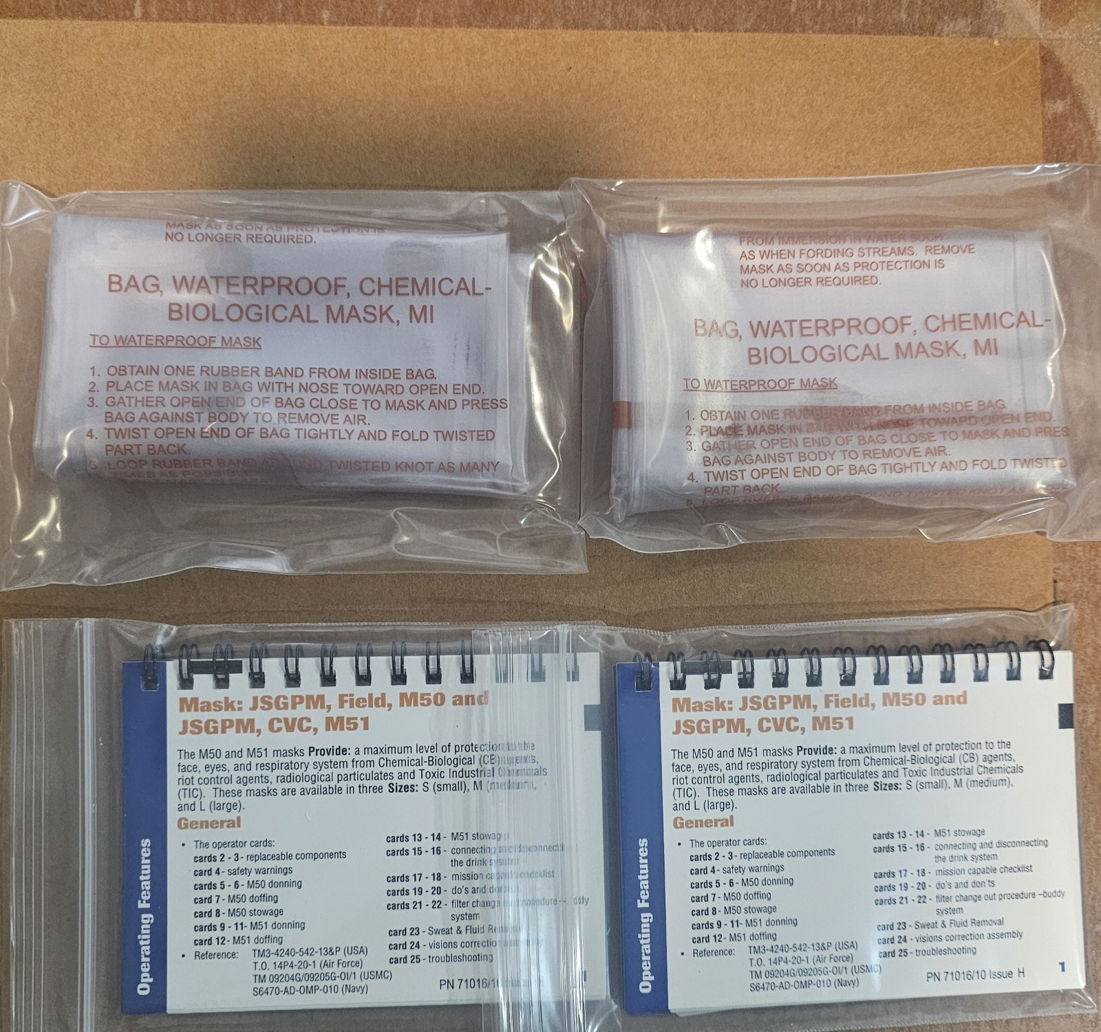 New (2 SETS) M50/M51 OPERATOR CARDS AND WATERPROOF CHEMICAL MASK BAGS New (2 SETS) M50/M51 OPERATOR CARDS AND WATERPROOF CHEMICAL MASK BAGS