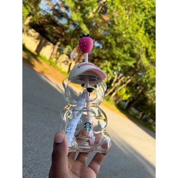 Cute Teddy Bear Glass Bottle with Straw & Strawberry Topper 500ml