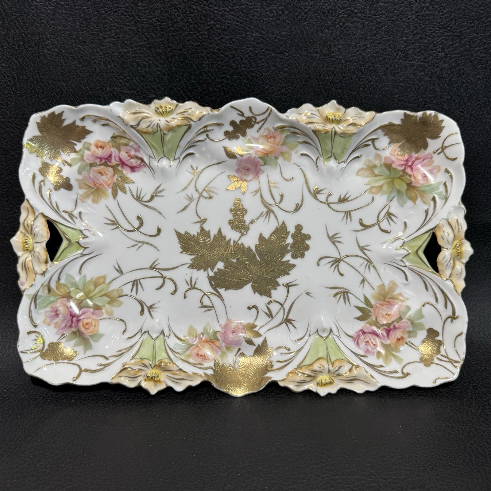 Antique RS Prussia Lily Mold Vanity Tray Roses Heavy Gold Porcelain Antique RS Prussia Lily Mold Vanity Tray Roses Heavy Gold Porcelain