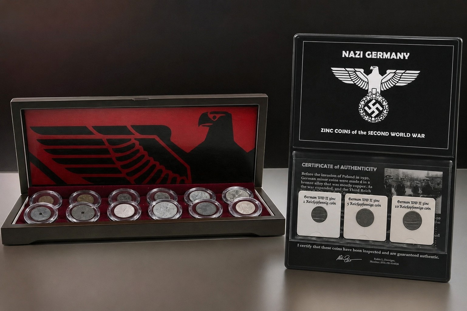 WWII Nazi Germany Coin Collection –Third Reich Zinc Coins & 12-Coin Display Box WWII Nazi Germany Coin Collection –Third Reich Zinc Coins & 12-Coin Display Box
