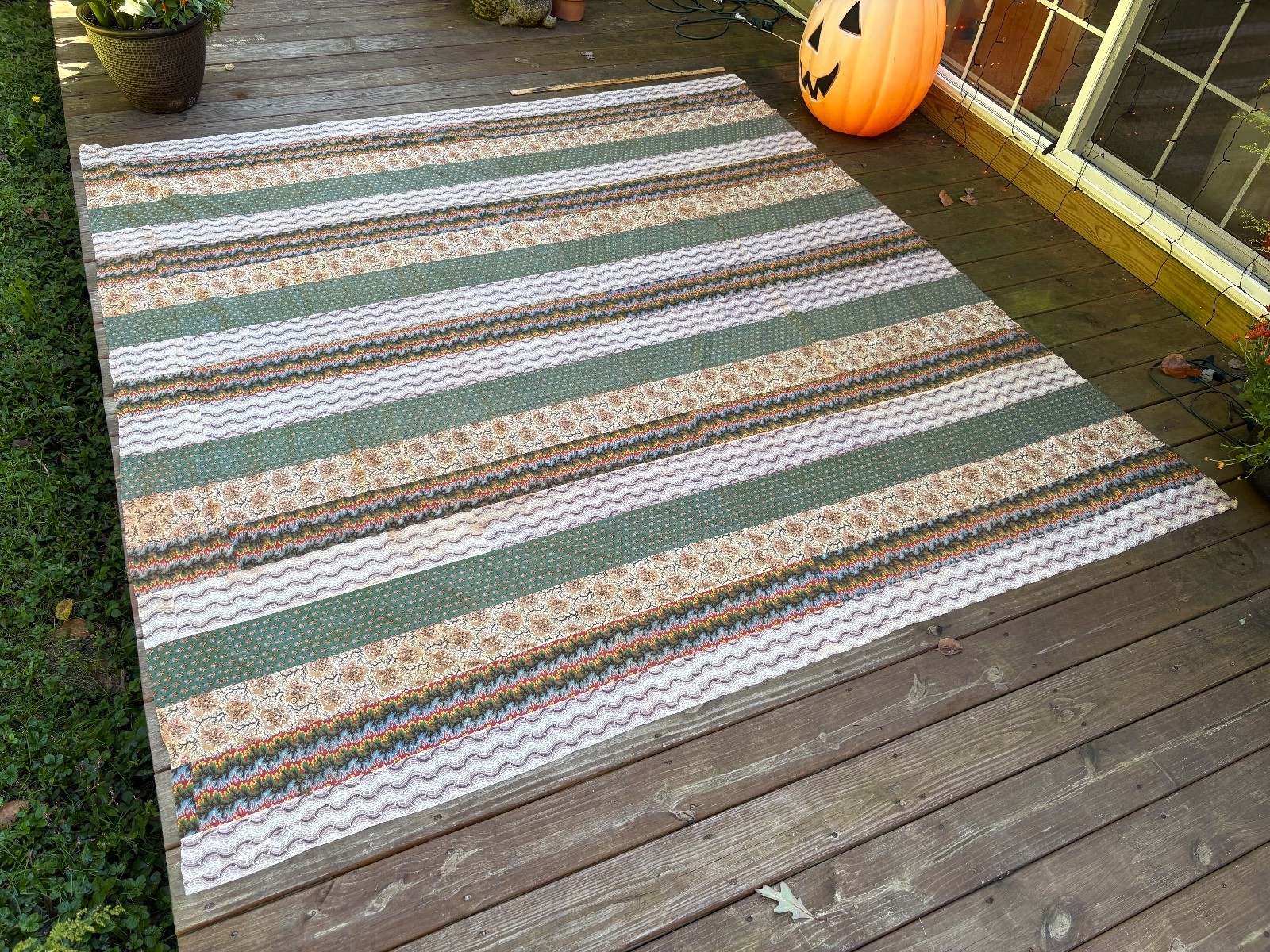 Amazing Antique Early 1800s Quilt TOP  99'' x 93 unusual materials Bars Stripes