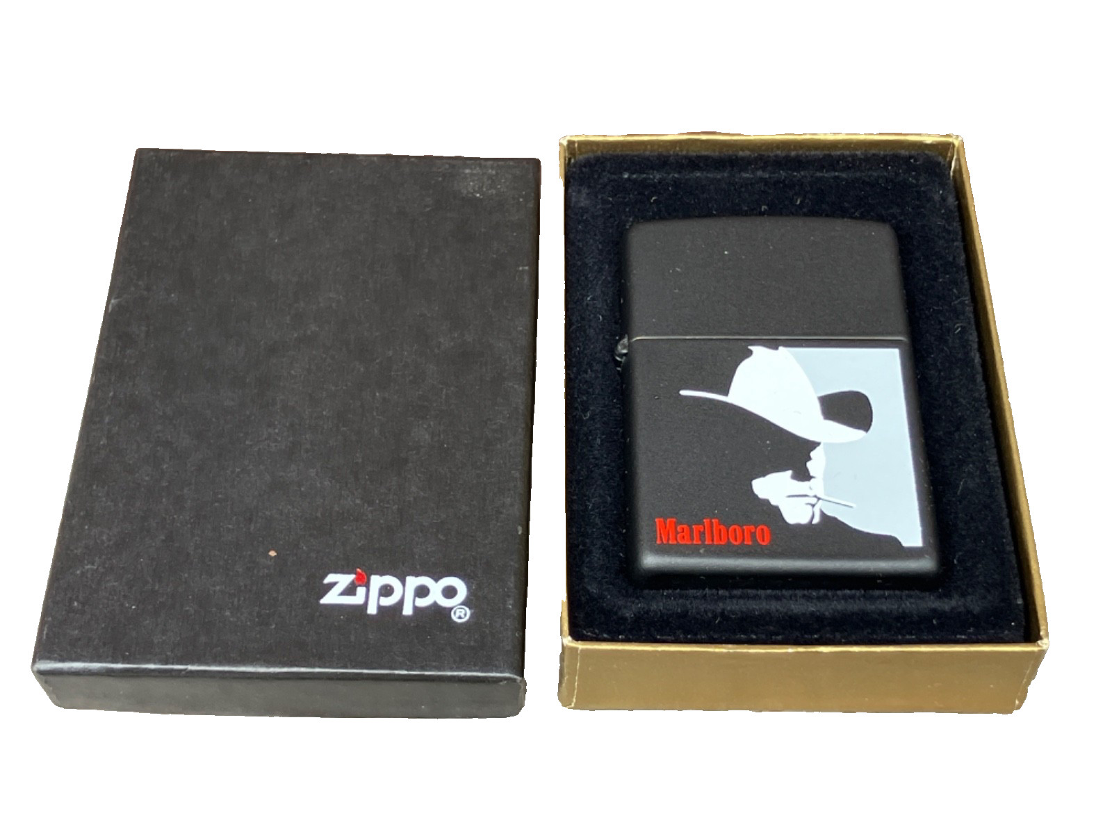 VTG 90s ZIPPO MARLBORO MAN BLACK SILHOUETTE MATTE w BOX VGC VTG 90s ZIPPO MARLBORO MAN BLACK SILHOUETTE MATTE w BOX VGC