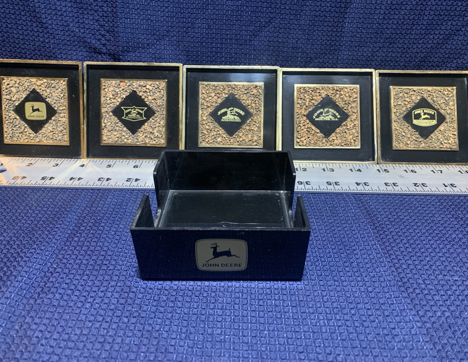Five Vintage John Deere Moline Coasters & Holder - Classic Logos - Five Vintage John Deere Moline Coasters & Holder - Classic Logos -