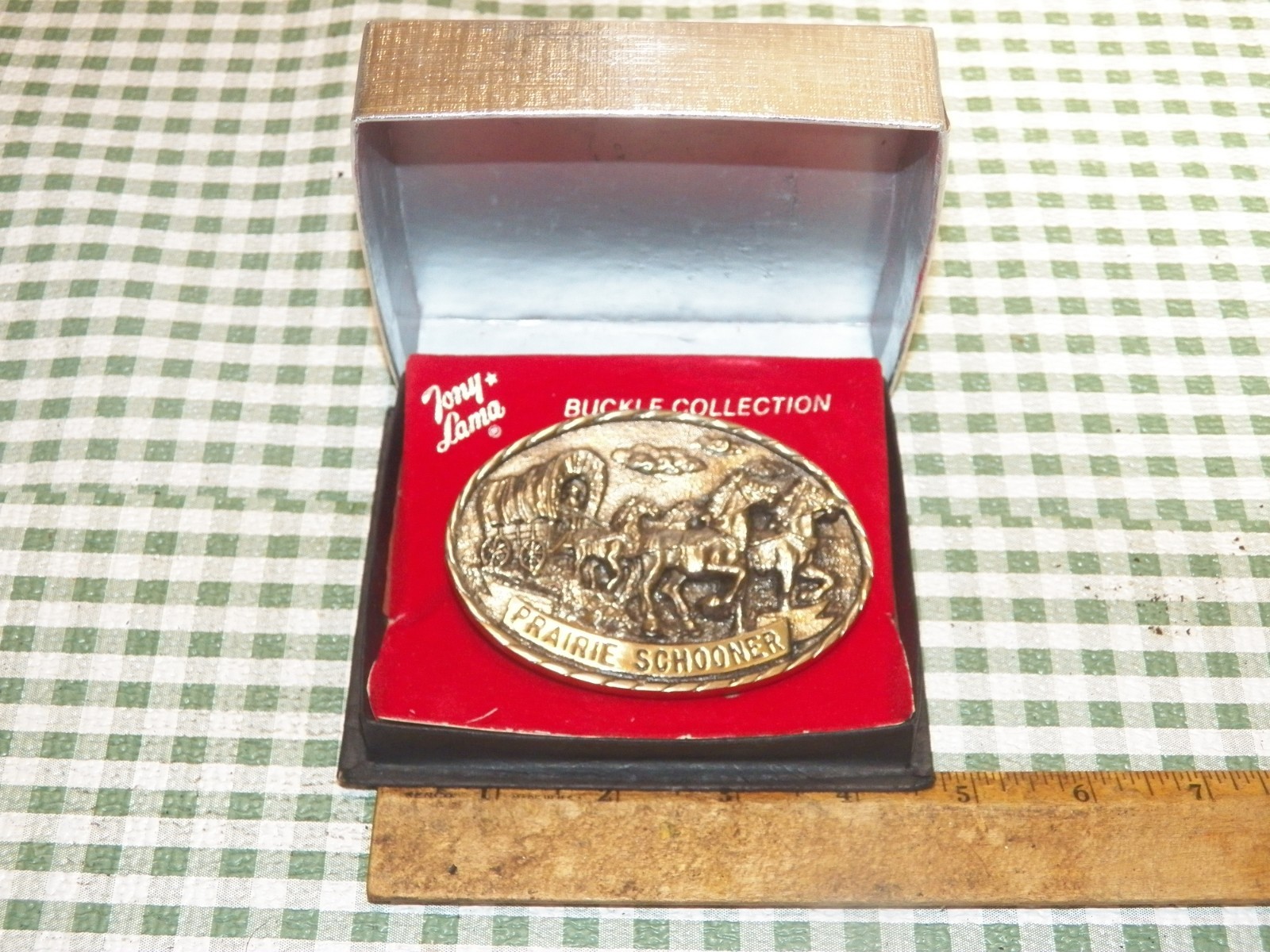Vintage TONY LAMA Brass Belt Buckle "Prairie Schooner" Wagon Wheel Series w/ Box