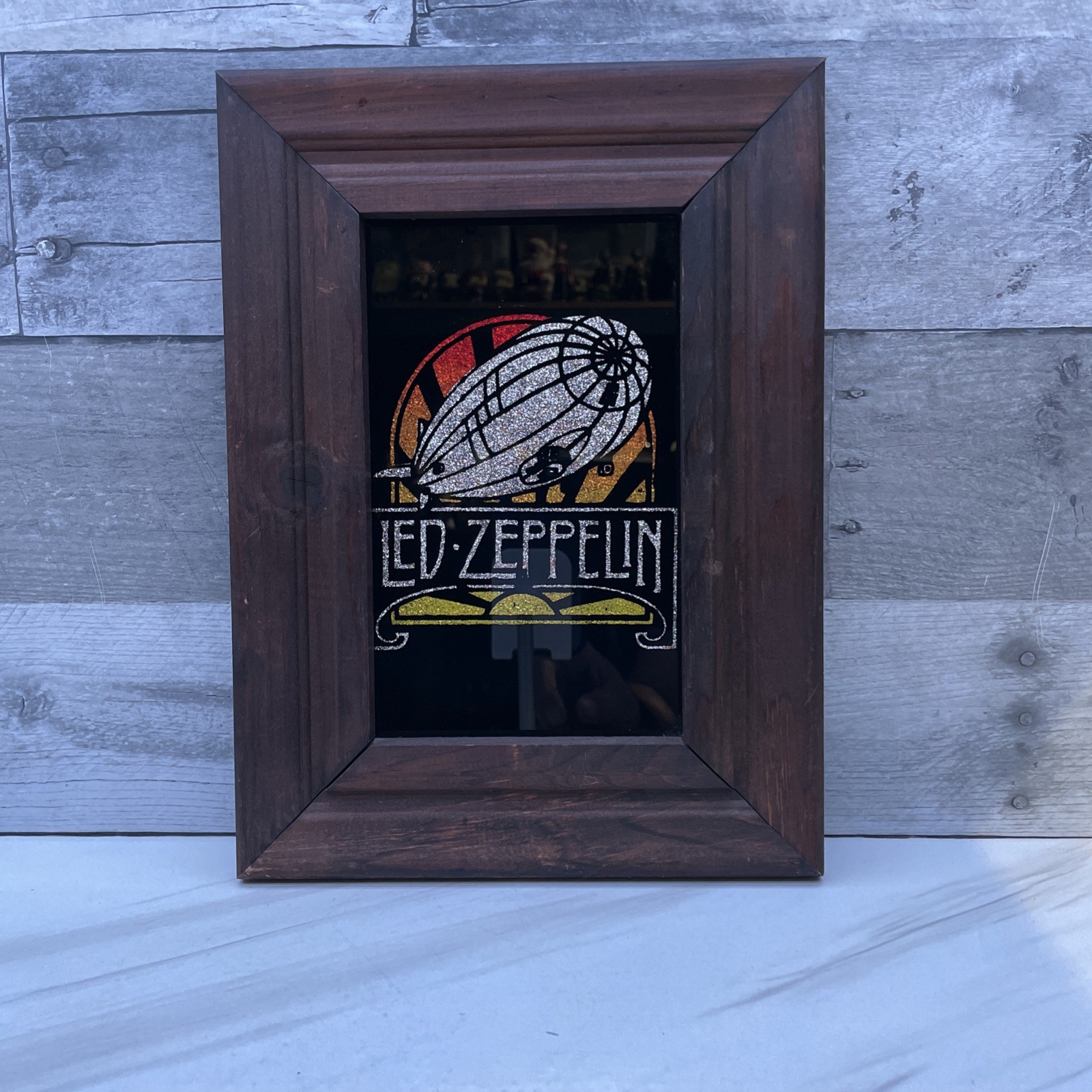 Vintage 1970s/80s Led Zeppelin Airship Carnival Prize Glass Mirror Wood Frame5x8 Vintage 1970s/80s Led Zeppelin Airship Carnival Prize Glass Mirror Wood Frame5x8