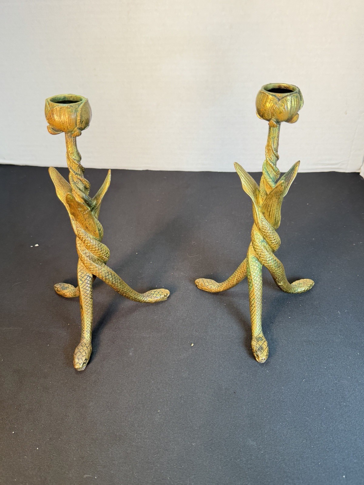Antique French Art Nouveau Serpent & Poppy Bronze Candlesticks - Tripod Pair 9"