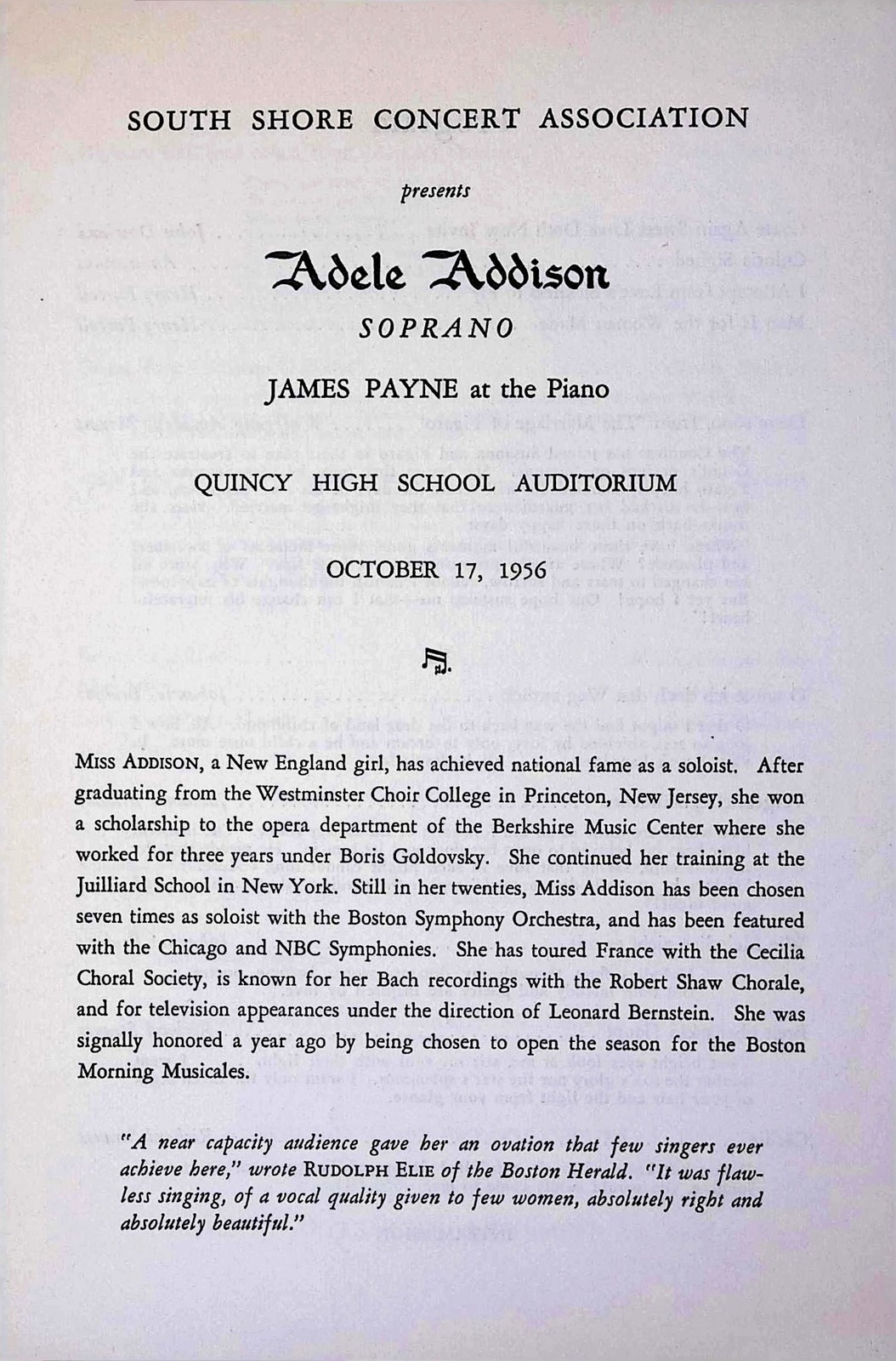 1956 Adele Addison Recital Program Quincy High School MA Classical Soprano 1956 Adele Addison Recital Program Quincy High School MA Classical Soprano