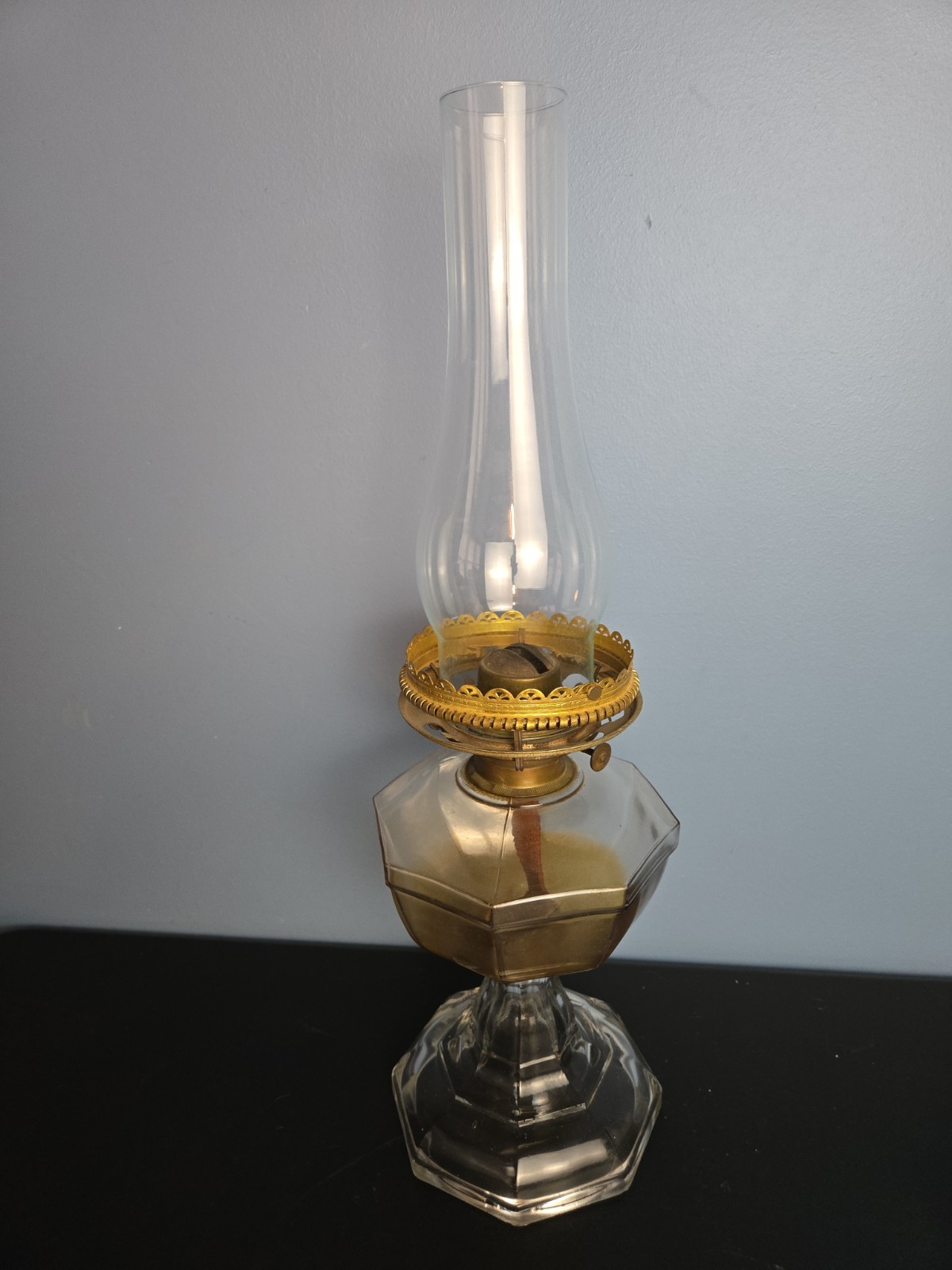 Huge Antique Greek Key Octagon Pedestal Oil Kerosine Lamp 20"