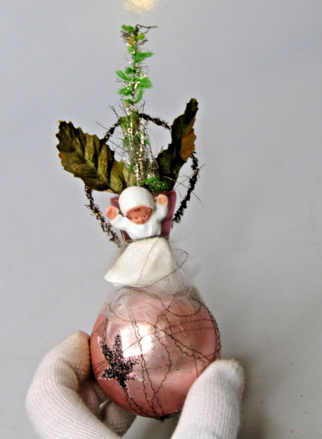VTG Glass Crinkle Wire FLOWER VASE Sugar Angel Large Christmas Ornament Germany VTG Glass Crinkle Wire FLOWER VASE Sugar Angel Large Christmas Ornament Germany
