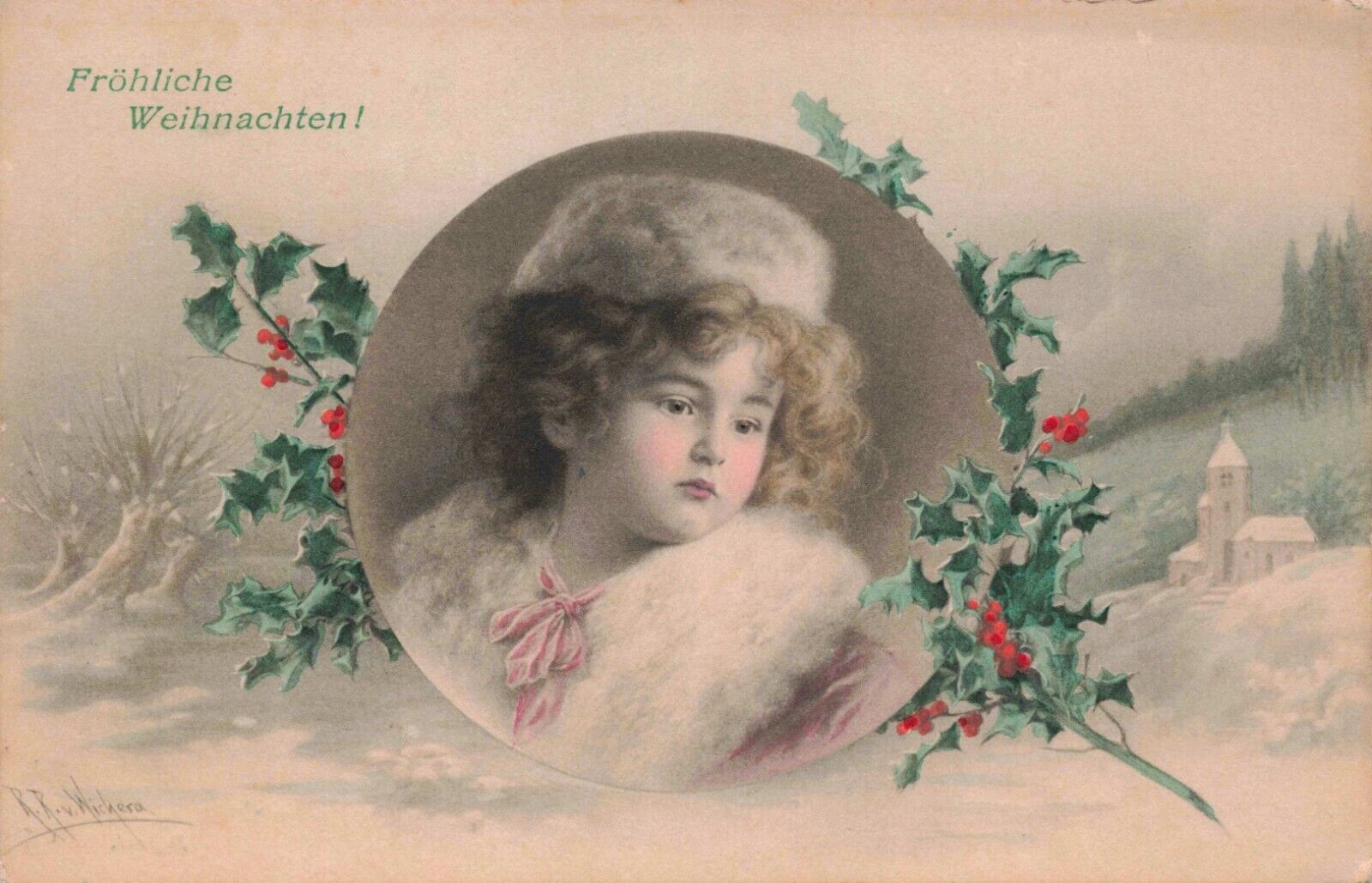 Beautiful Christmas Child Framed by Holly Artist RR Wichera Unused Postcard