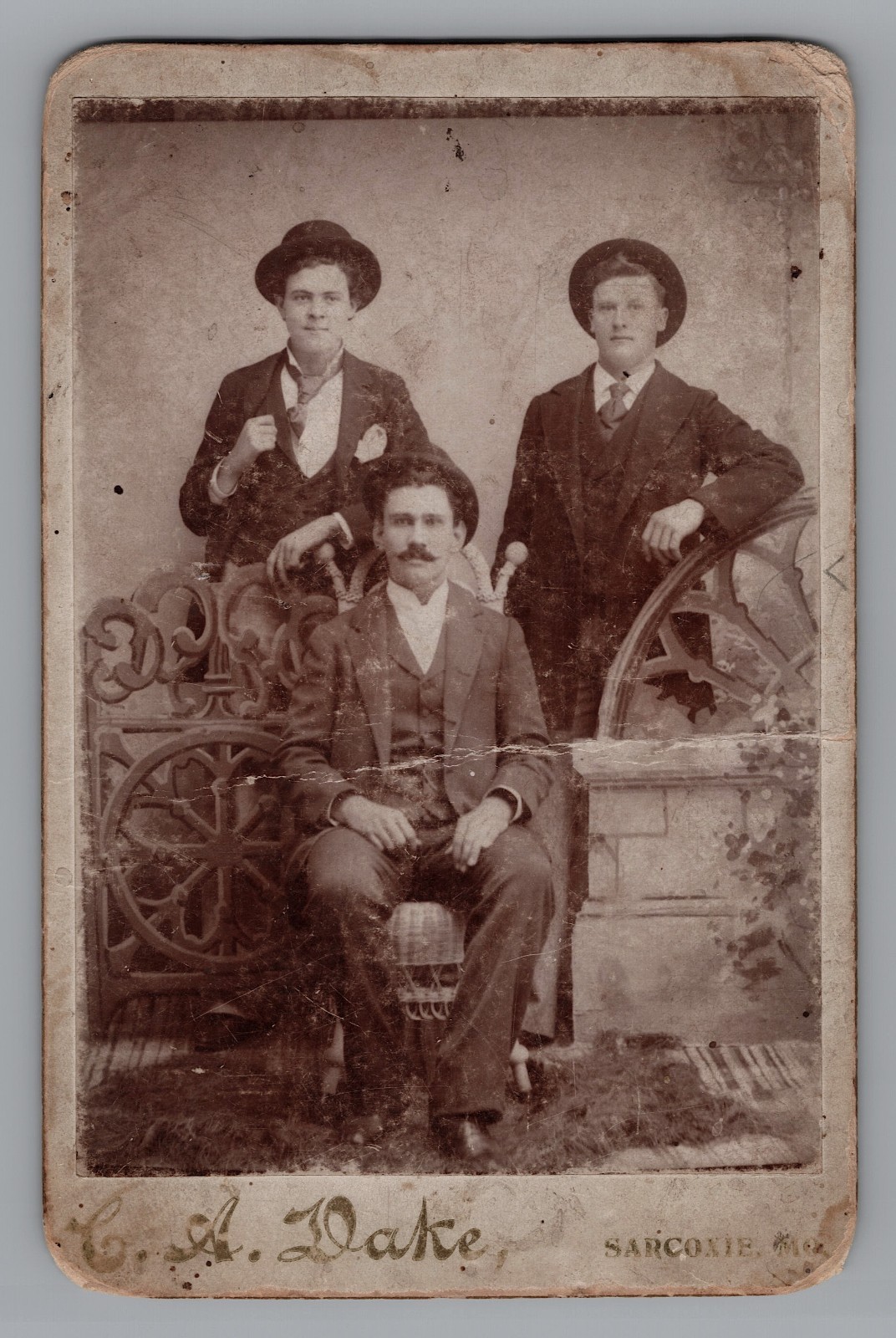 1890s Cabinet Card Photo Three Men Vintage Fashion Hats A Dake Sarcoxie MO 1890s Cabinet Card Photo Three Men Vintage Fashion Hats A Dake Sarcoxie MO