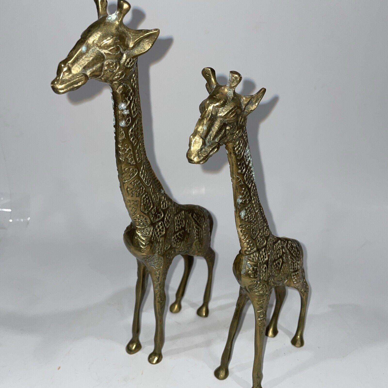 Pair of Vintage Brass Giraffes 10”, 11.5” Tall Solid Textured Brass Freestanding