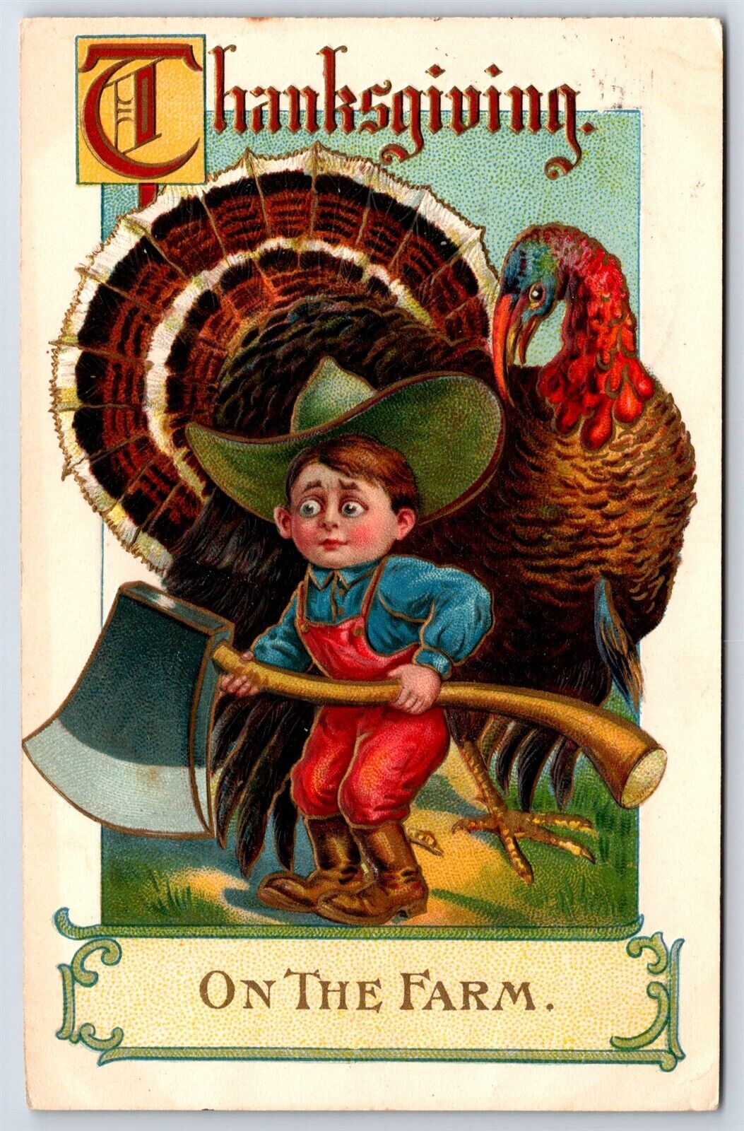 Postcard Thanksgiving On The Farm Boy Large Axe Even Larger Turkey c1910 S31