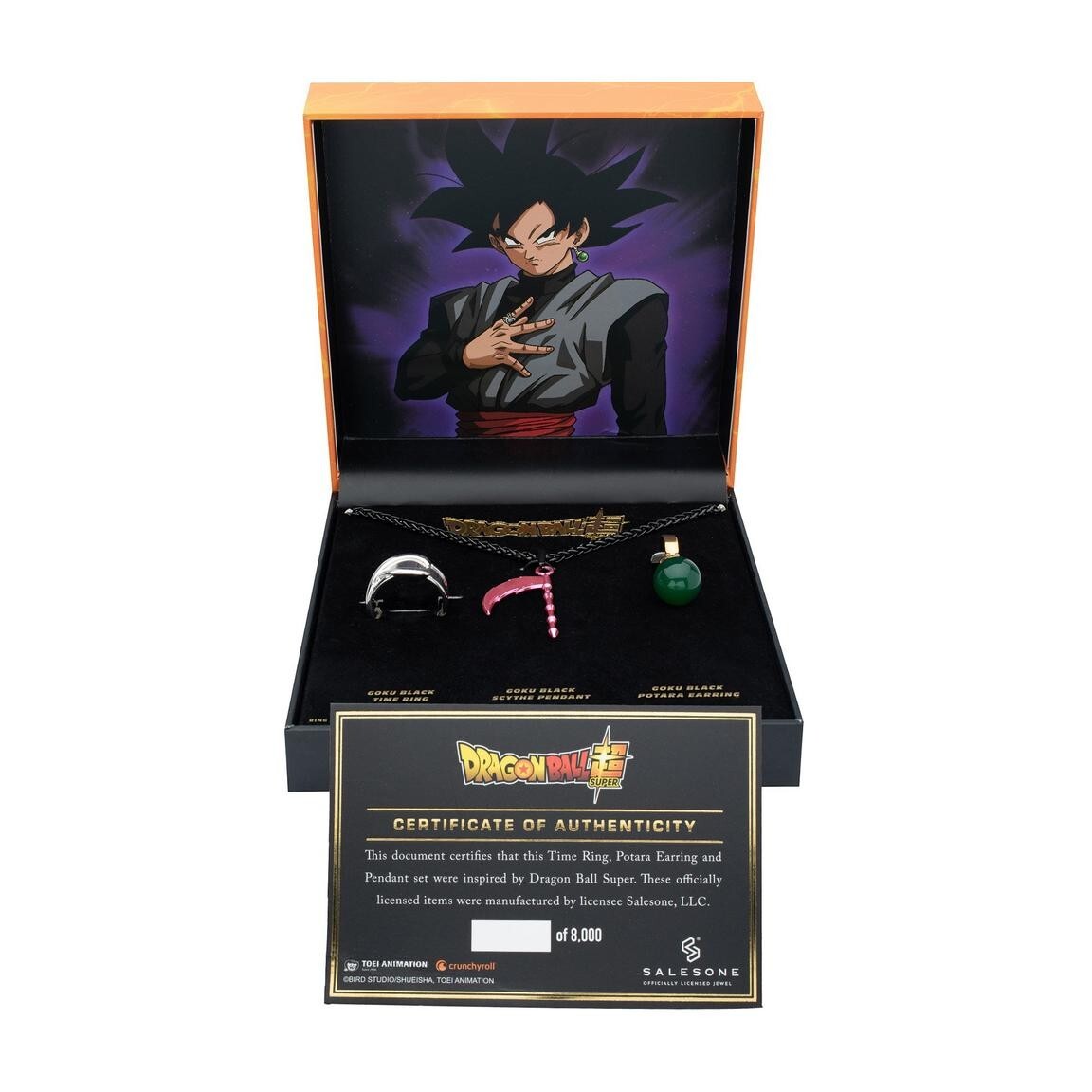 Dragon Ball Super Goku Black Necklace, Potara Earrings, and Time Ring Set RARE Dragon Ball Super Goku Black Necklace, Potara Earrings, and Time Ring Set RARE
