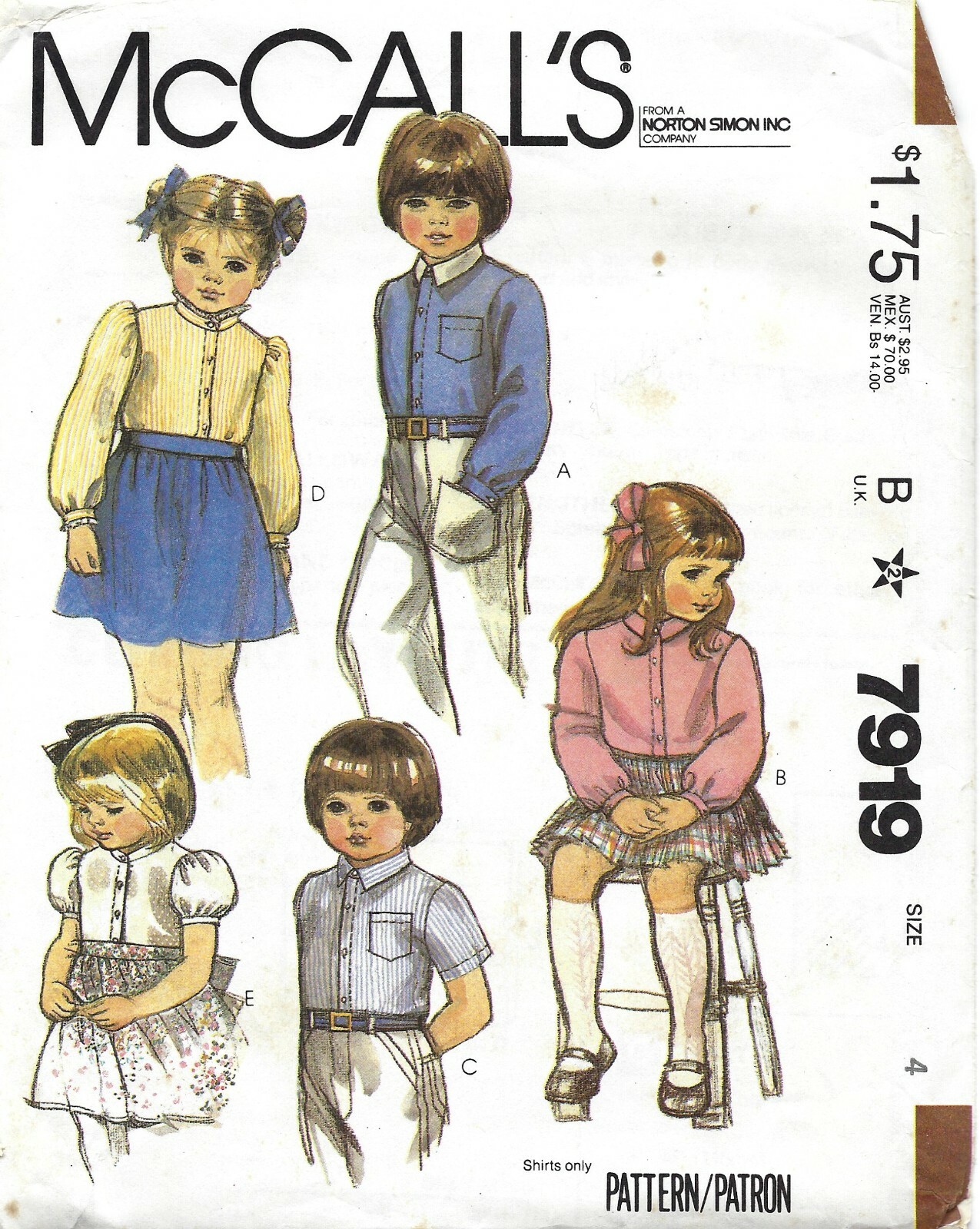McCall's 7919 Buttoned Shirt w Puff Sleeves, Collar Variations Sz 4 CUT COMPLETE McCall's 7919 Buttoned Shirt w Puff Sleeves, Collar Variations Sz 4 CUT COMPLETE