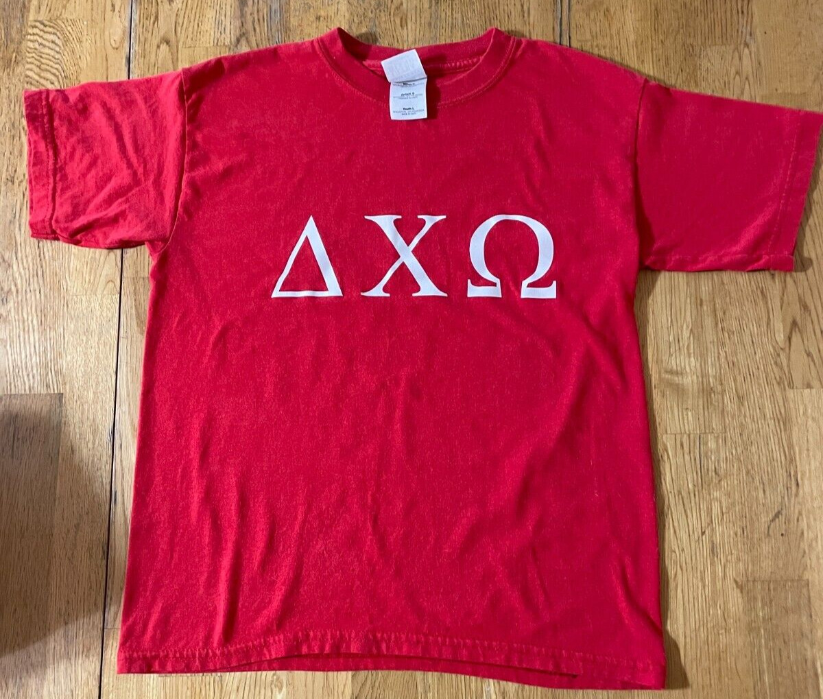 Alpha Chi Omega Sorority T-Shirt Red Youth LG (compare to Women\'s XS) Greek Life