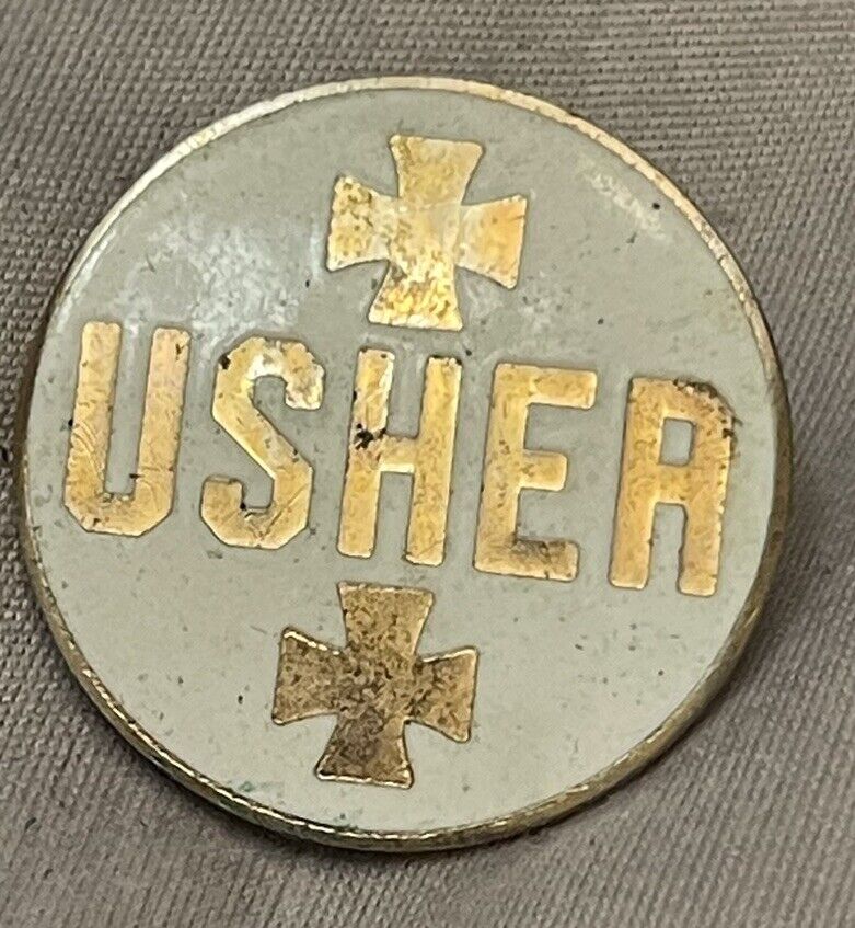 Vintage Usher Metal Badge Lapel Pin Baptist Church Theater Attendant Uniform