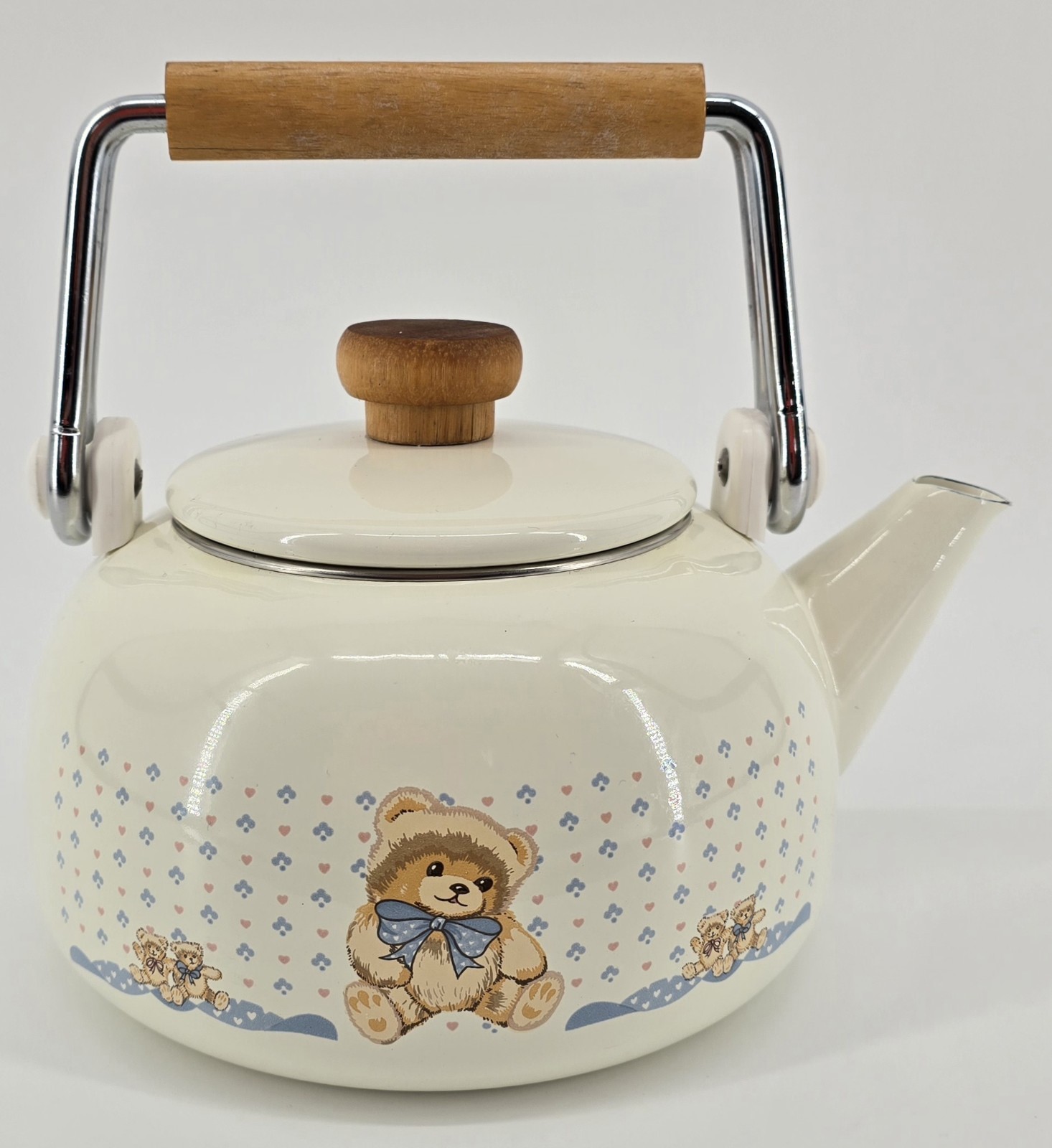 Vtg Tienshan Country Bear Theodore Tea Kettle W/ Handle Ivory Blue Farmhouse 90s Vtg Tienshan Country Bear Theodore Tea Kettle W/ Handle Ivory Blue Farmhouse 90s