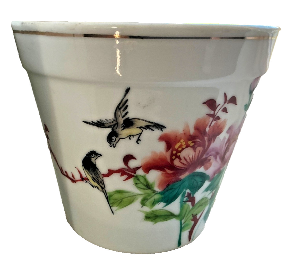 Vintage signed Rubens Chinese Planter Hand Painted ceramic 4” birds flowers pot Vintage signed Rubens Chinese Planter Hand Painted ceramic 4” birds flowers pot
