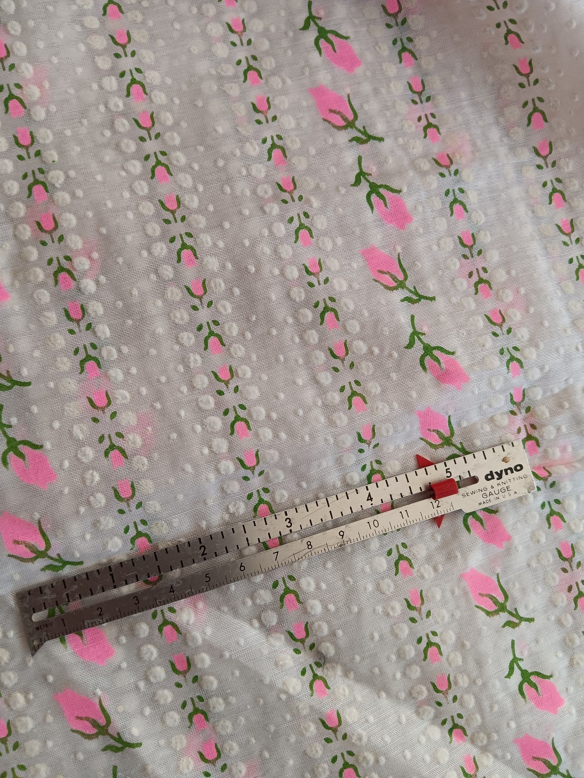 VTG 70s FLOCKED PRINT FABRIC FLORAL brite PINK GREEN 2.75 YDS STRIPE SHEER WHITE VTG 70s FLOCKED PRINT FABRIC FLORAL brite PINK GREEN 2.75 YDS STRIPE SHEER WHITE