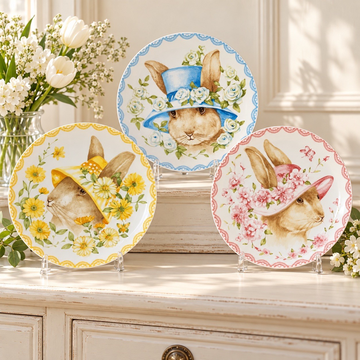 Set of 3 - 222 Fifth Bunny Party Plates 6 1/4” Easter Rabbits display decor Set of 3 - 222 Fifth Bunny Party Plates 6 1/4” Easter Rabbits display decor