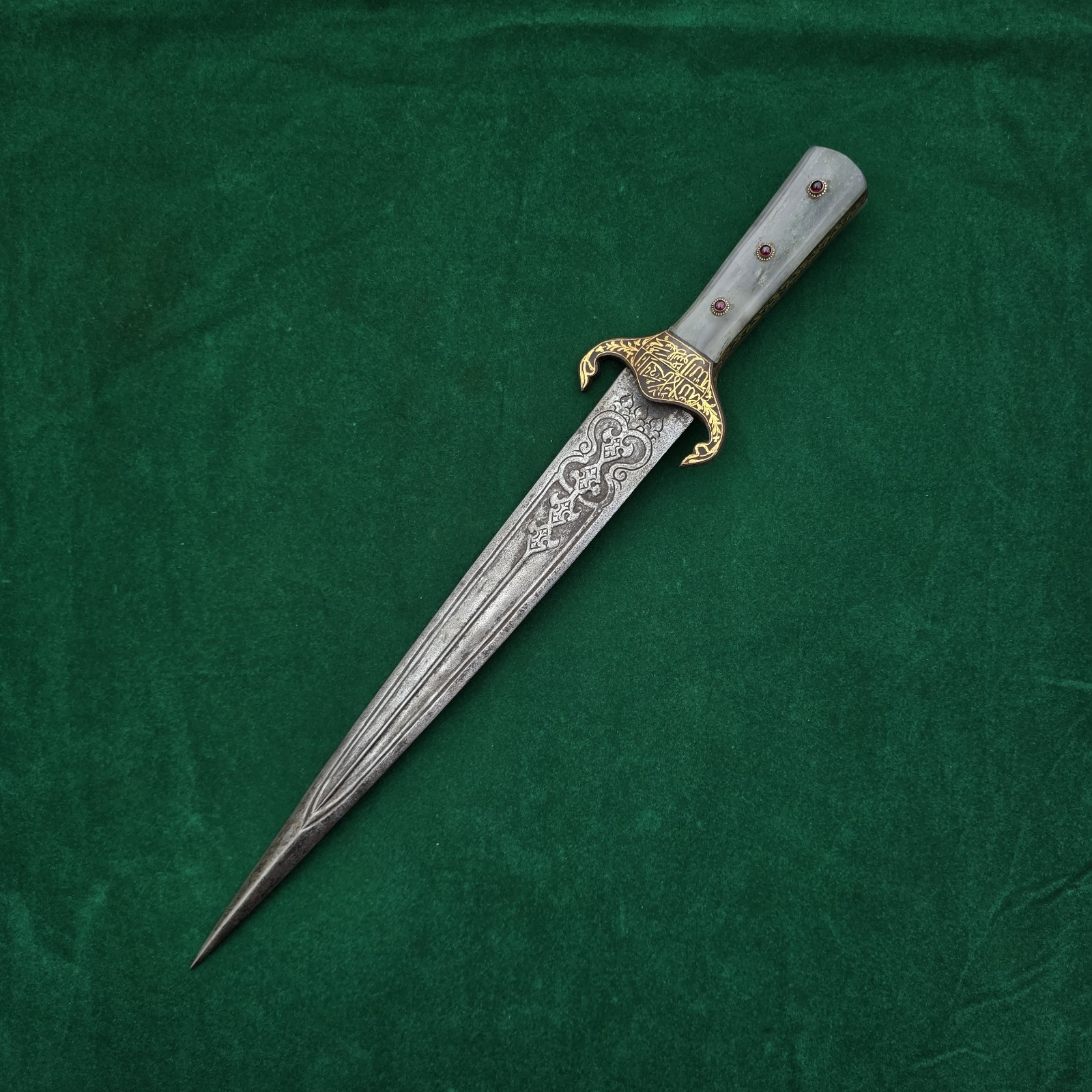 Vintage Rare Ottoman Or Turkish Agate Straight Gold Damascened Khanjar Dagger18"