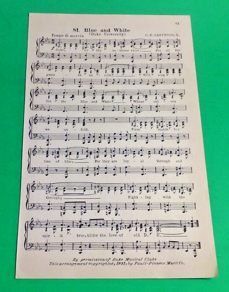 DUKE University ~ "Blue and White" ~ Vintage Original 1931 College Song Sheet DUKE University ~ "Blue and White" ~ Vintage Original 1931 College Song Sheet