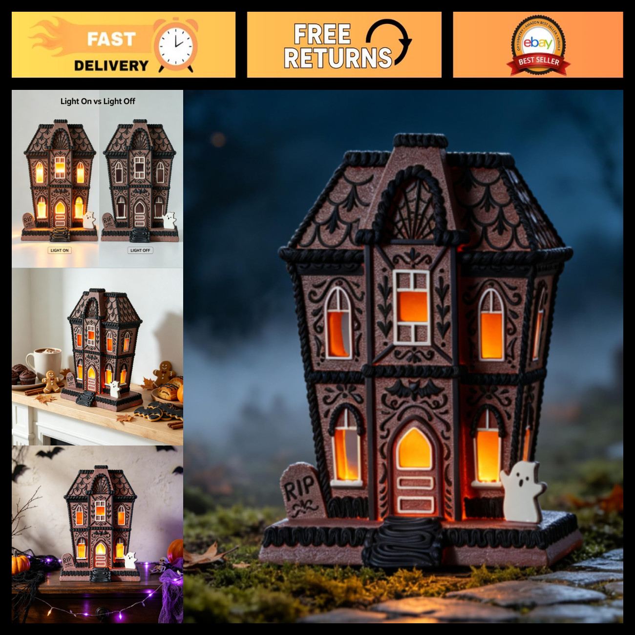 Lighted Halloween Village Houses Decorations - 12" Haunted House Set, Spooky Dec Lighted Halloween Village Houses Decorations - 12" Haunted House Set, Spooky Dec