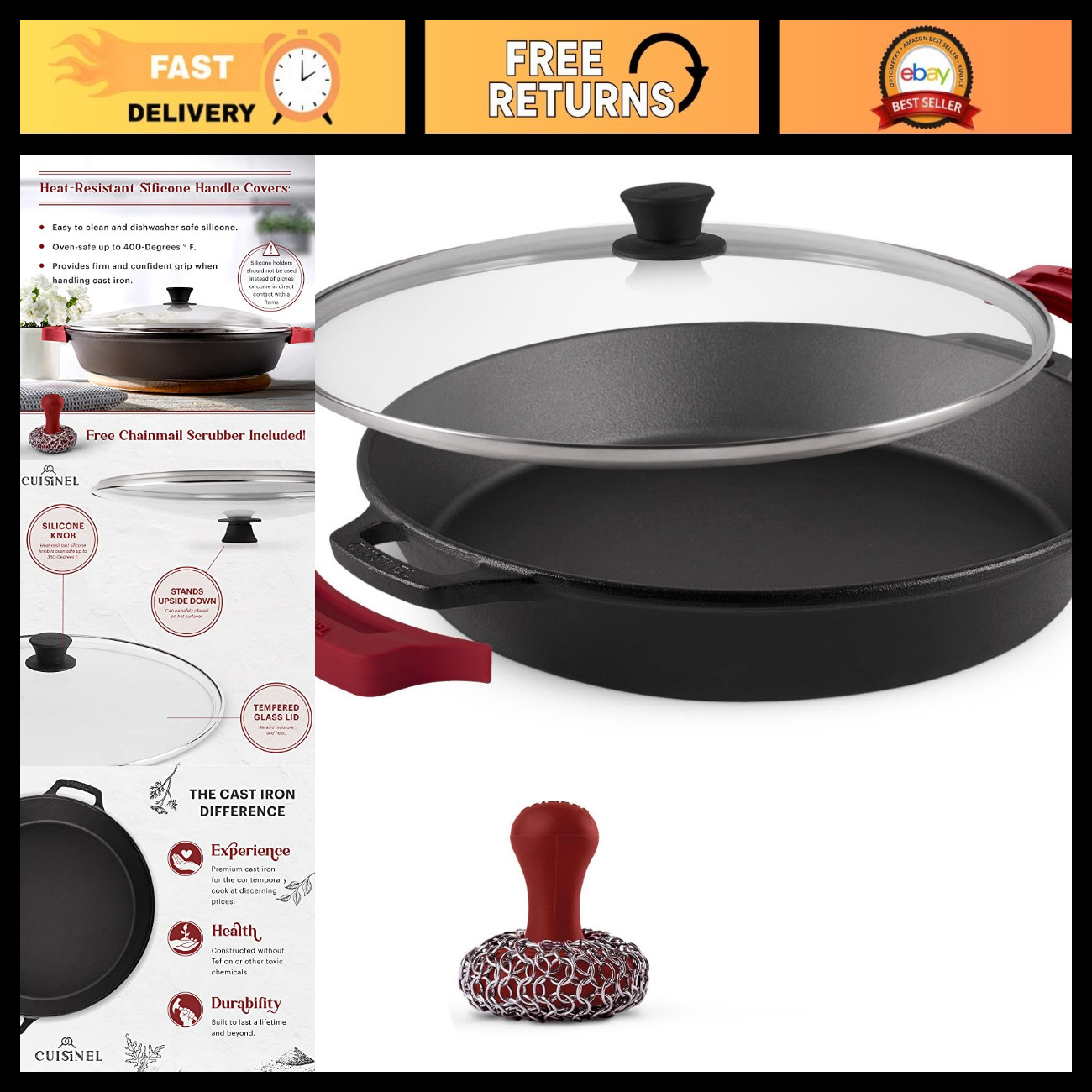 15" Cast Iron Skillet with Glass Lid, Dual Handle Frying Pan + Silicone Covers,