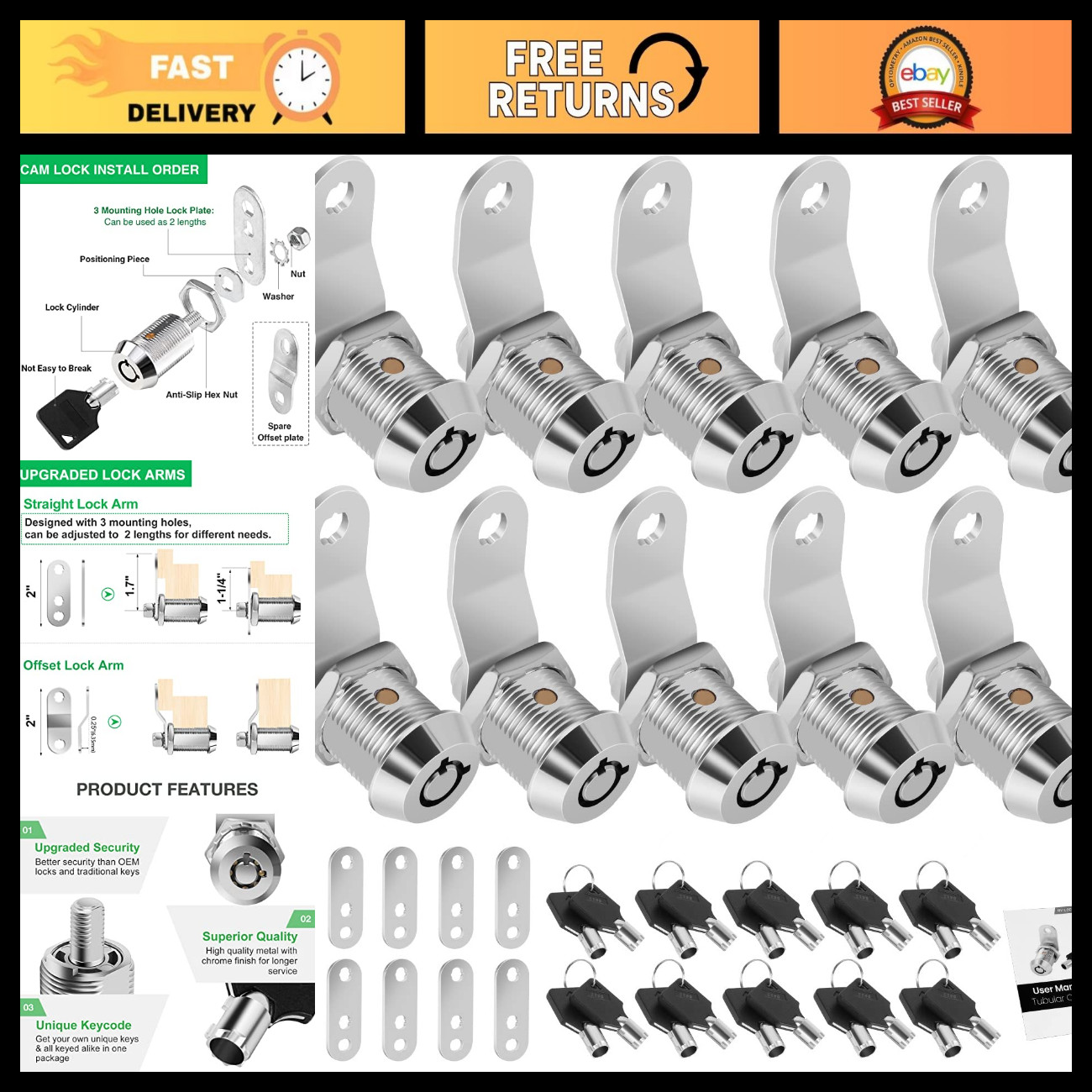 10 Pack Cam Locks with Keys, 5/8" Toolbox & Cabinet Lock Replacement, Zinc Alloy