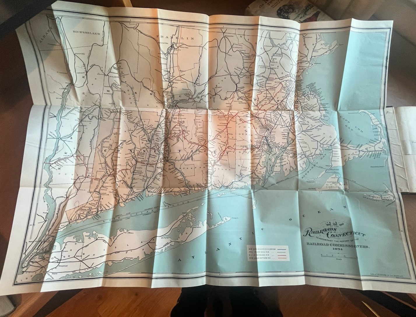 Orig. 1893 Large Connecticut New York Massachusetts Railroad Train Colorful Map Orig. 1893 Large Connecticut New York Massachusetts Railroad Train Colorful Map