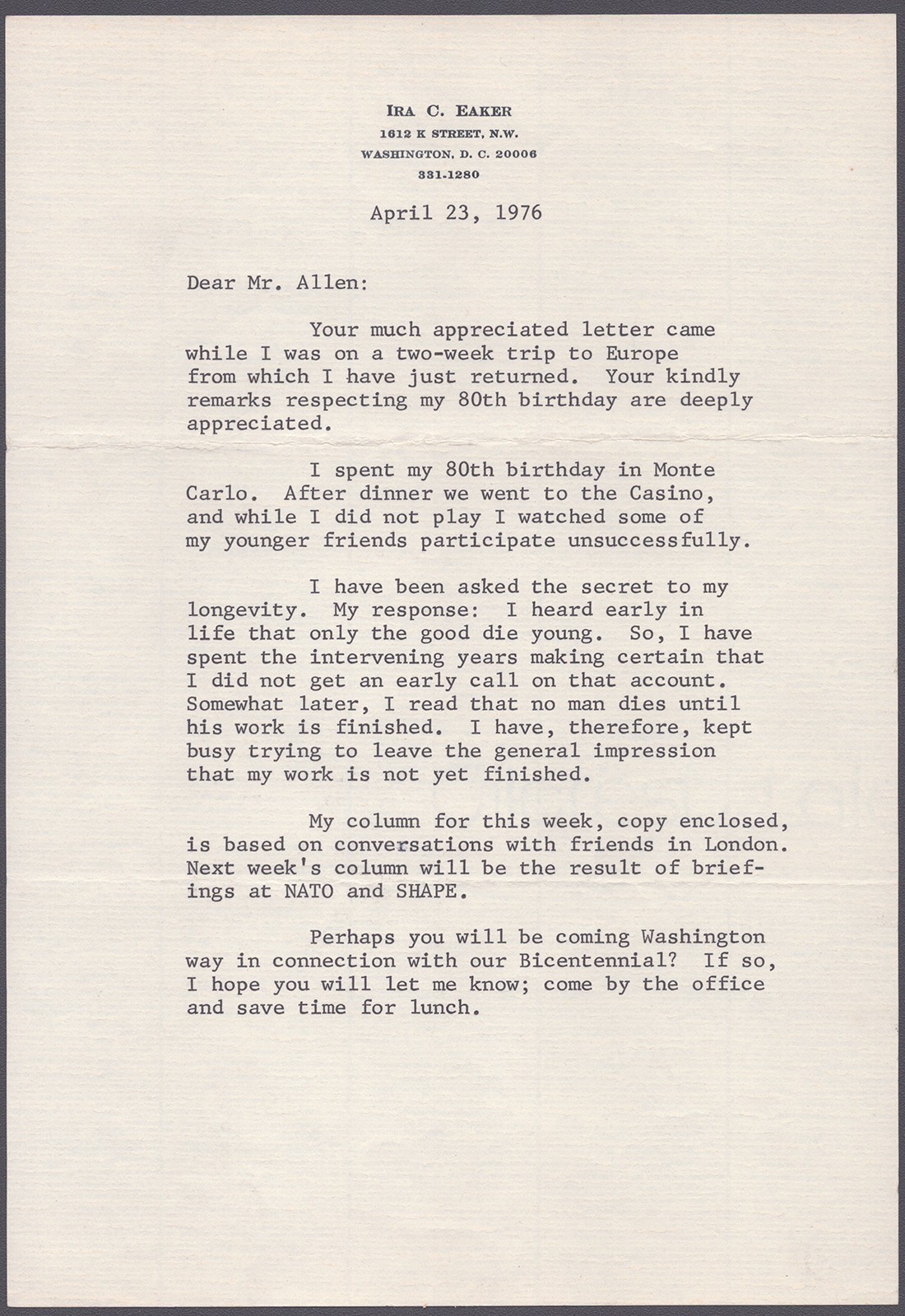 IRA C. EAKER - TYPED LETTER SIGNED 04/23/1976 IRA C. EAKER - TYPED LETTER SIGNED 04/23/1976