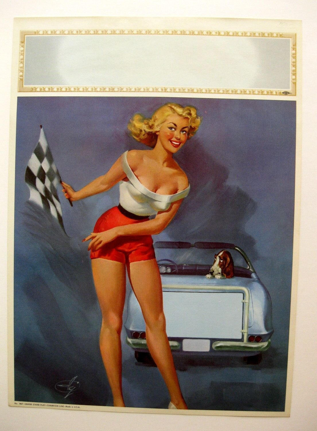 Rare 1965 Pinup Girl Picture Blond Waving Racing Flag Champion Line