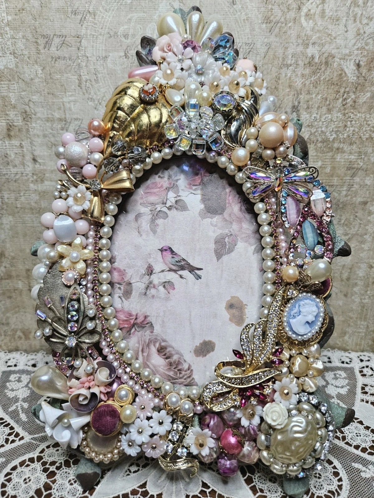 Handcrafted OOAK Vintage To Now Jeweled Picture Frame #988 Handcrafted OOAK Vintage To Now Jeweled Picture Frame #988