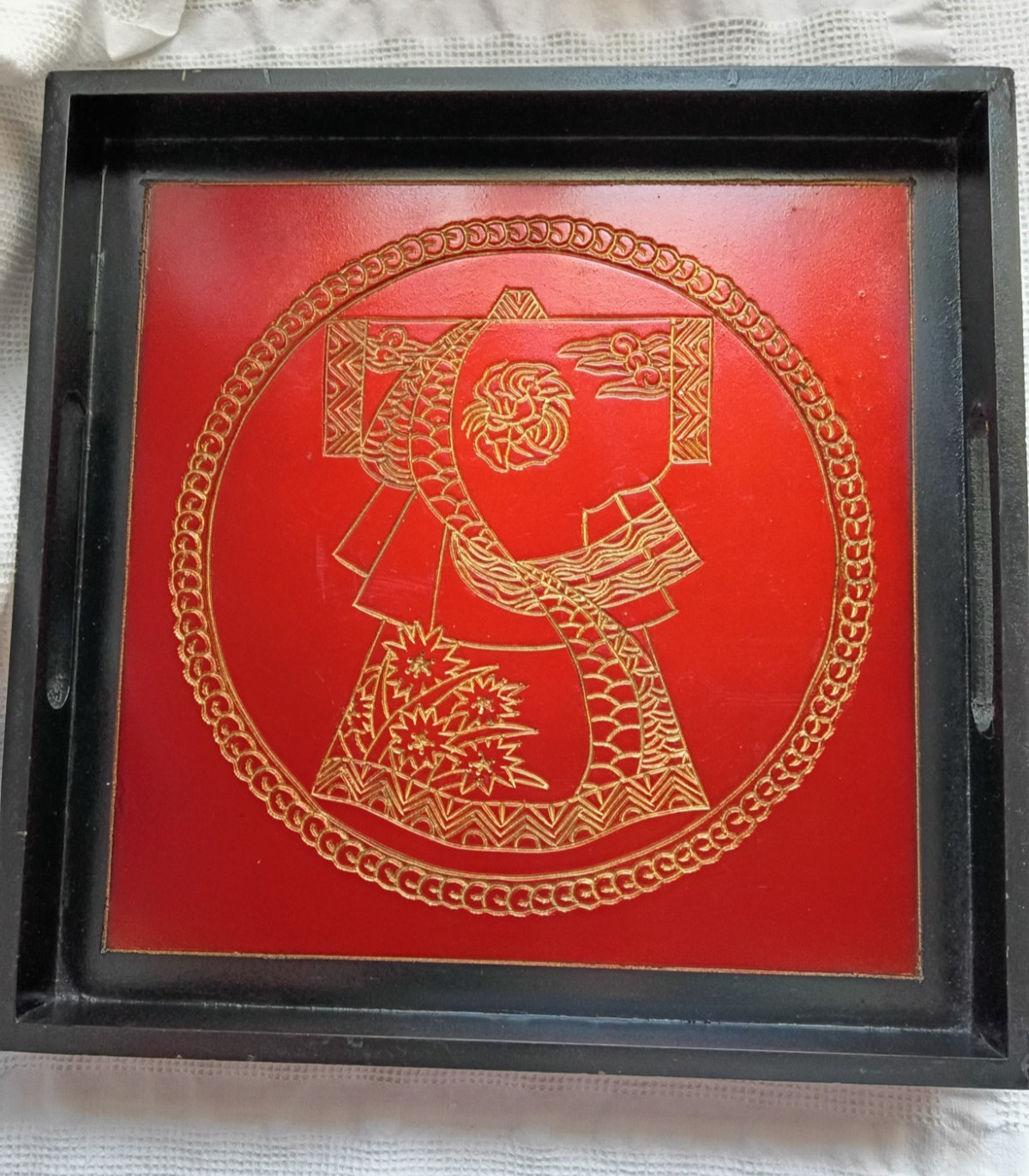 Vintage Japanese Etched Red Kimono Design Wooden Tray Footed w/ Handles Vintage Japanese Etched Red Kimono Design Wooden Tray Footed w/ Handles