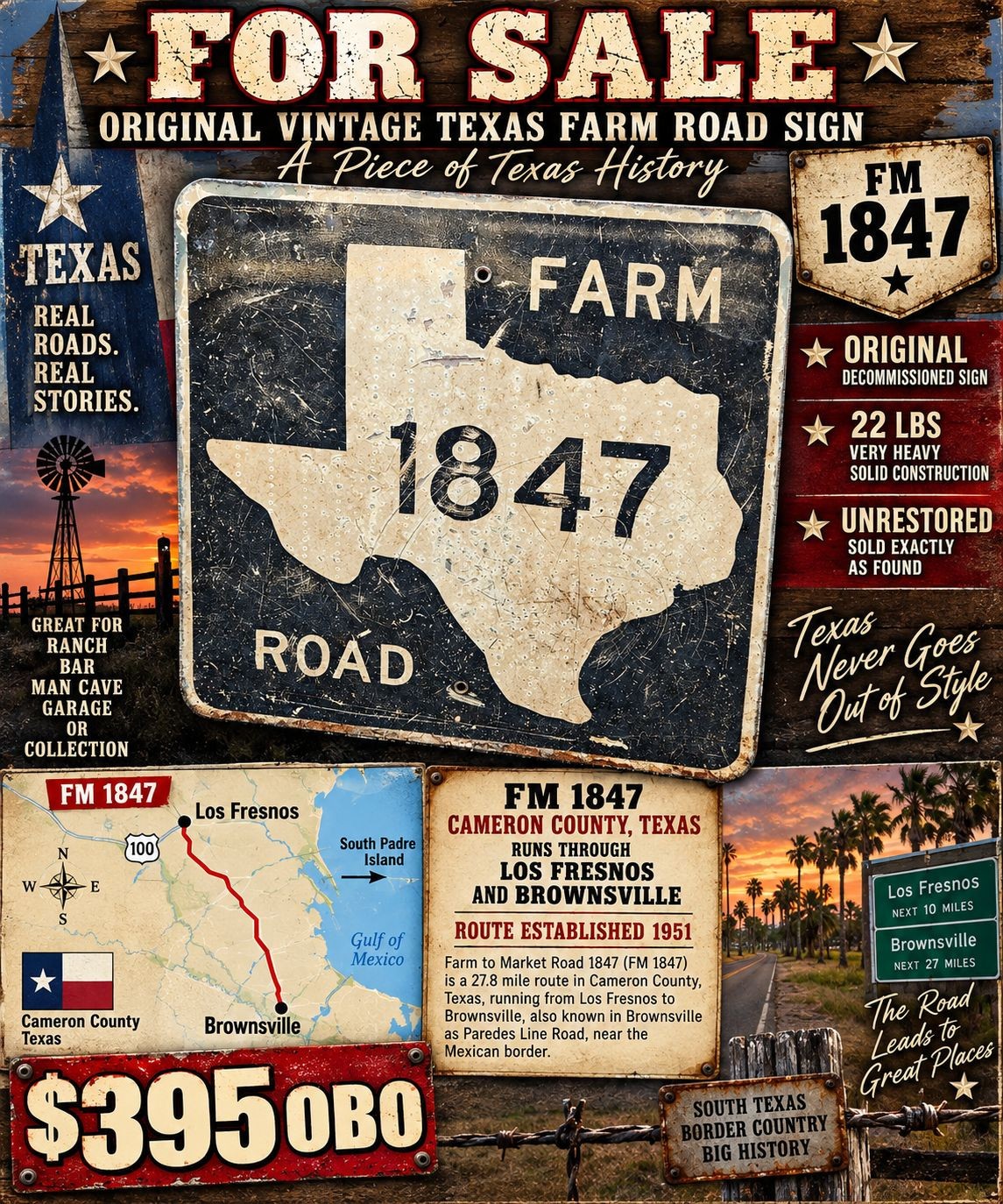 “ORIGINAL VTG TEXAS FARM ROAD 1847 SIGN • HEAVY CONSTRUCTION • UNRESTORED “ORIGINAL VTG TEXAS FARM ROAD 1847 SIGN • HEAVY CONSTRUCTION • UNRESTORED
