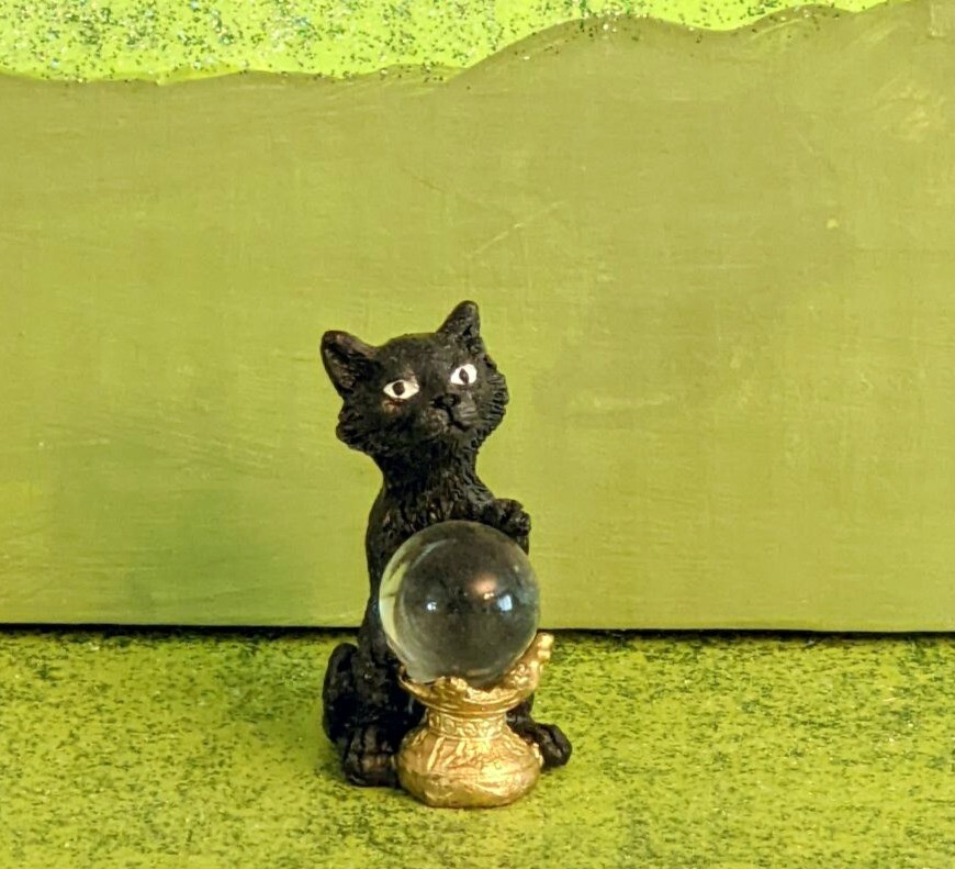 Miniature Black Cat with Crystal Ball 1.5" Fairy Gnome Garden Halloween Village Miniature Black Cat with Crystal Ball 1.5" Fairy Gnome Garden Halloween Village